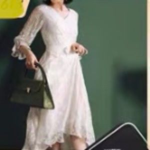 New 100% handmade silk embroidered white dress